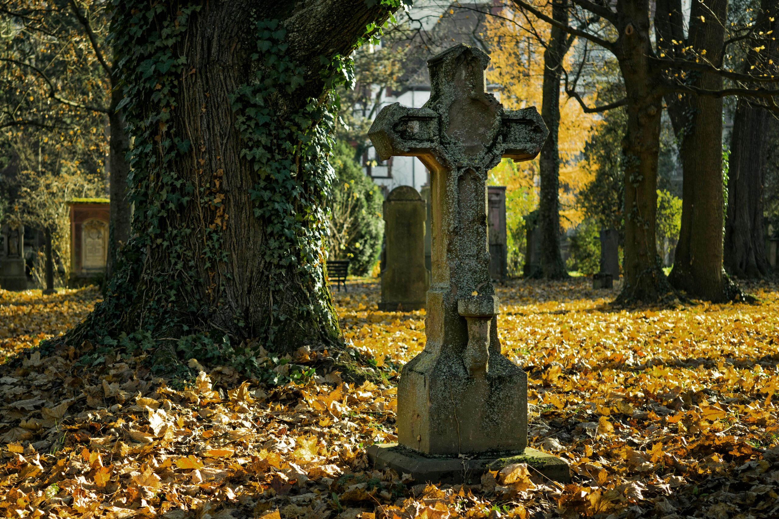A moss-covered stone cross at an old cemetery surrounded by autumn foliage and trees.