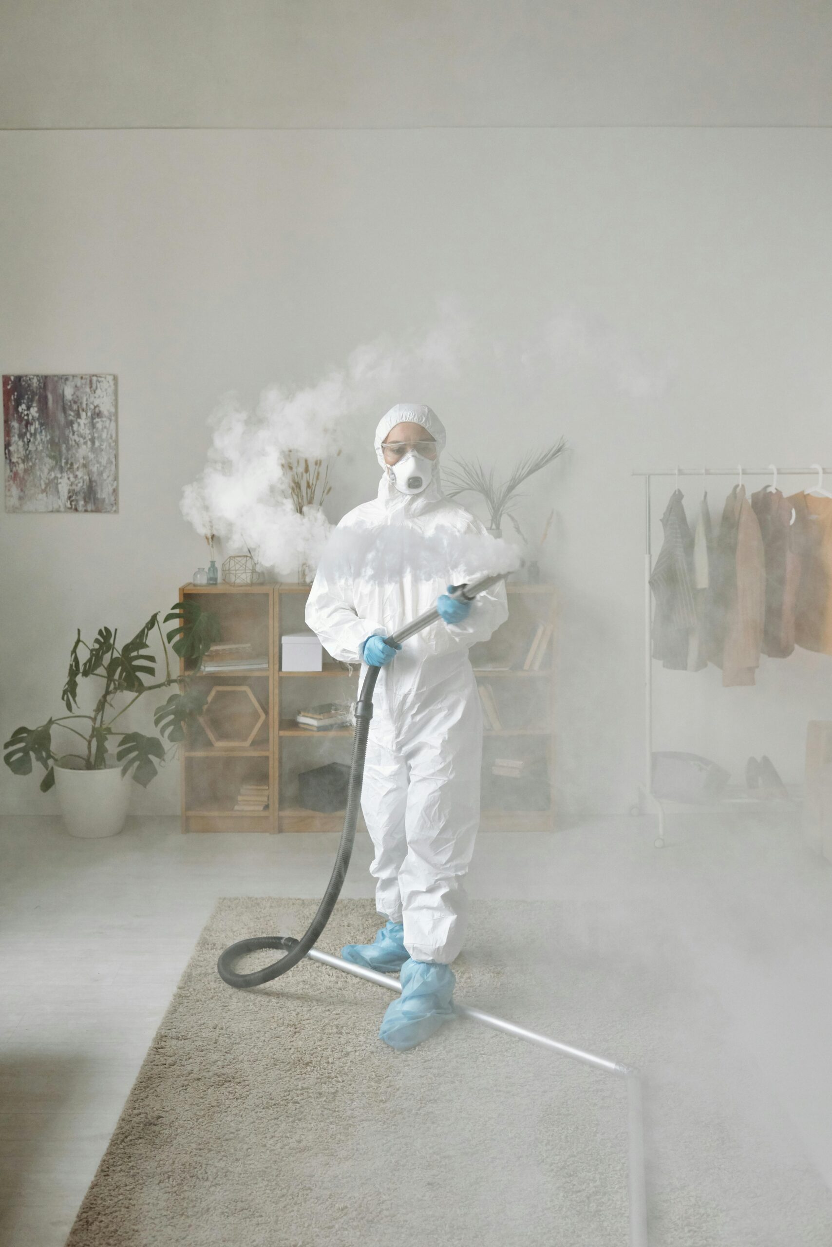 Person wearing personal protective equipment fumigating an indoor area with thick smoke.